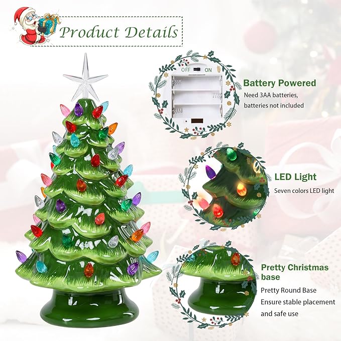 Small Ceramic Christmas Tree Hand-Painted Vintage Tabletop Green Christmas Tree Holiday Decoration with Multi-Color Lights Xmas Trees 12 inch