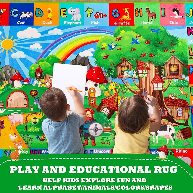 ABC Kids Rug for Playroom 59"×39.4" Hobbit House Educational Kids Playmat Alphabet Animal & Shape Learning, Premium Non-Slip Playmat for Toddlers Letters Farm Animals Color Classroom Carpet
