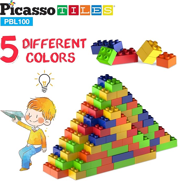 PicassoTiles 100 Piece Large Construction Brick Building Blocks STEM Bricks Toy Set Creative Learning Early Education Playset 5 Colors 4 Unique Shapes Mix & Match Toys for Kids Boys Girls Child Age 3+