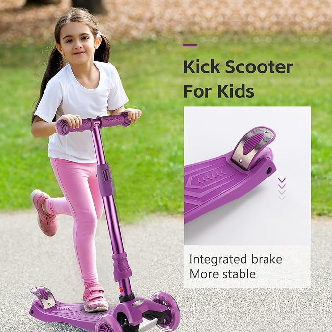 3 Wheel Scooter for Kids Ages 6-12,Kids Scooter with Light Up Wheels, Sturdy Deck Design, and 4 Height Adjustable Suitable for Kids Ages 3-12