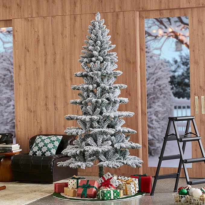 Glitzhome 7.5ft Pre-Lit Flocked Slim Artificial Christmas Tree Frostwood Spruce with 320 Warm White Lights and Sturdy Metal Stand for Home, Office, Party Decoration