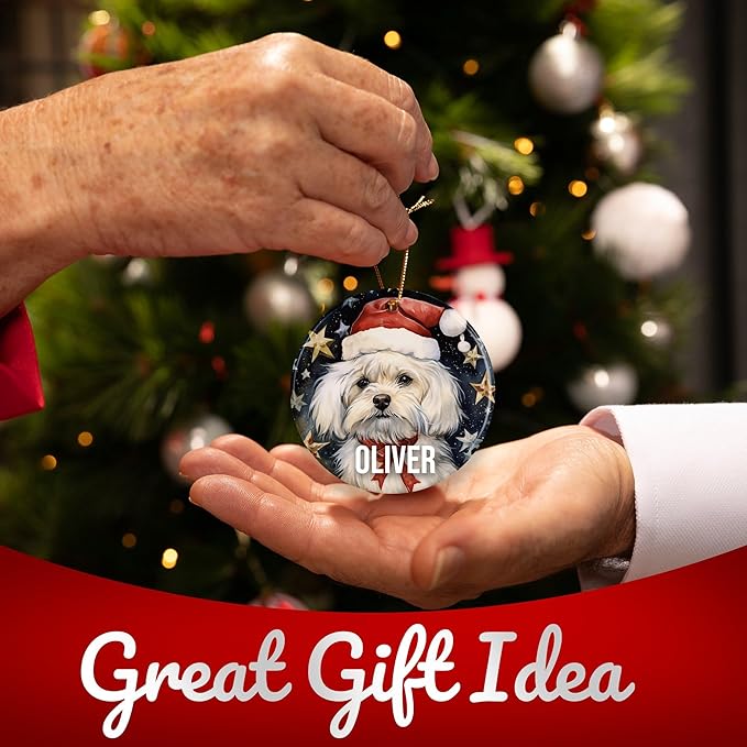 Maltese Personalized Dog Ornament - Pet Ornament for Christmas Tree - 3" Round Ceramic - Printed in USA - Choose from 200 Breeds - Dog Mom & Dad - Xmas Decoration DOG0140