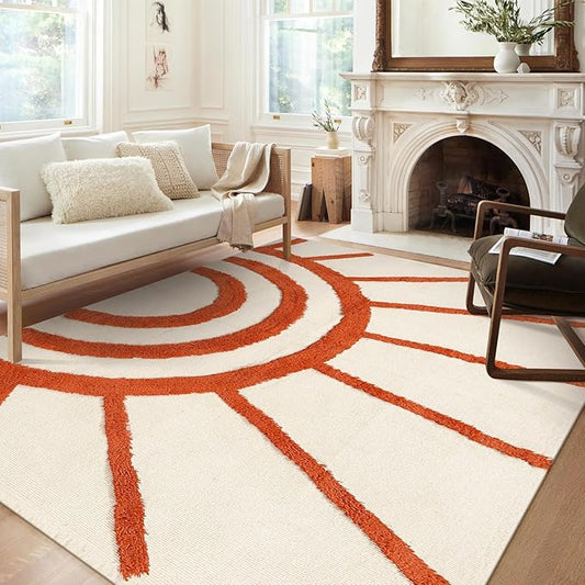 OJIA Boho Washable Rugs 5x8 Rug for Living Room Kids Room,Orange Sun Bedroom Carpet Soft Tufted Modern Farmhouse Cute Bedside Carpet for Dorm/Playroom/Nursery Room