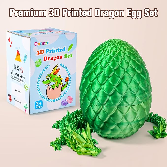 12''3D Printed Dragon and 4.73''Egg - 3D Printed Toys, Articulated Crystal Dragon Egg with Dragons Inside Fidget Toy, Decor Dragons Collectible Figurines (Laser Green,12inch)