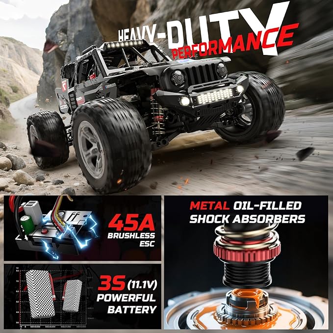 DEERC 1/10 Brushless RC Cars for Adults, 60 KMH 4x4 Off-Road RC Truck, Waterproof Remote Control Monster Truck, High Speed RC Car, All Terrain Remote Control Car for Boys, 2 * 3S Lipo Batteries