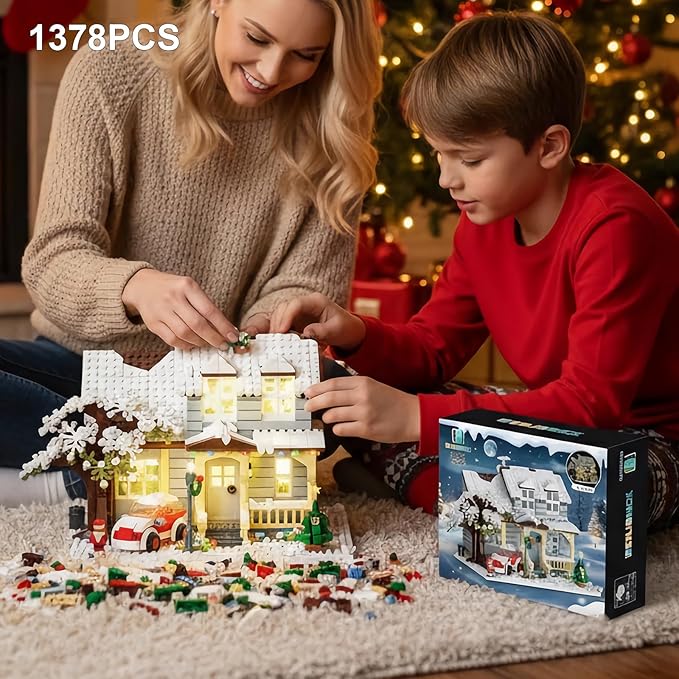 Christmas House Building Set with Lights, Elf Movie Snow House Building Blocks Toy, Compatible with Lego Christmas Village House Kit, for Boys Girls 1378pcs