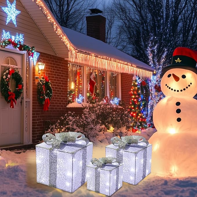 Christmas Light Gift Box Decorations, 3-Piece Set, Pre-Strung Wired Gifts with Bows, Illuminate Christmas Tree Skirt Decorations. Suitable for Indoor and Outdoor Use.（Silver）