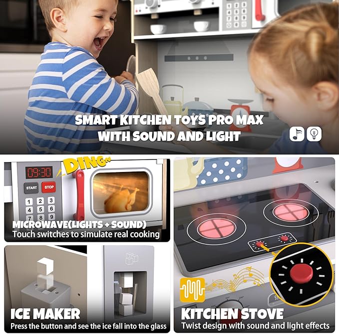 JOYOOSS Play Kitchen for Kids,Wooden Kids Kitchen Playset Toy Toddler Play Kitchen Set for Toddlers 3+ with Real Lights & Soundswith Cookware Accessories
