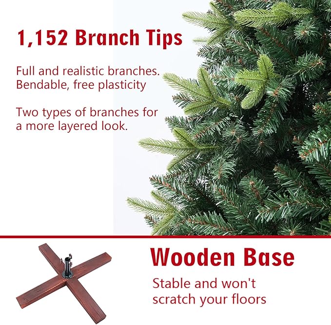 6ft Artificial Christmas Tree, 1152 Realistic Branch Tips, Easy Assembly Hinged Design, Includes Base