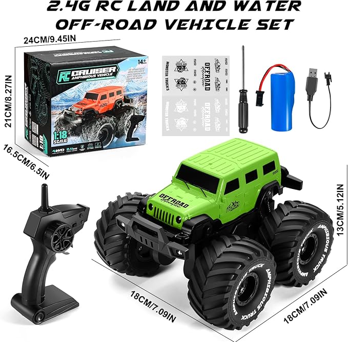 1:18 Scale Amphibious LED RC Car ，2.4GHz All 20 Km/h Off Road Terrain Remote Control Drift Truck, Waterproof Truck for 8+ Year Old Boys Girls Kids Gifts (Green)