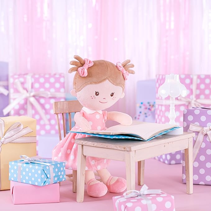 Onetoo Plush Rag Doll Sleeping Cuddle Buddy Doll Soft Baby Doll First Baby Doll Wear Coral Polka Dot Dress 14"（Milly Series）