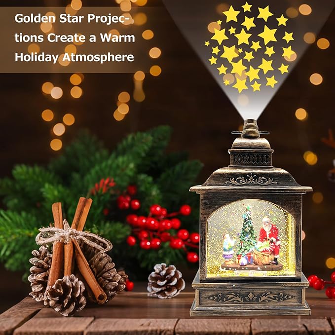 2026 Christmas Snow Globe Santa Claus[Exclusive Projection with Stars] Water Glittering Music Lantern,Spinning Swirling Water Globe Light,USB/Battery Powered Holiday Decor Gift,5.24×3.15×8.3in