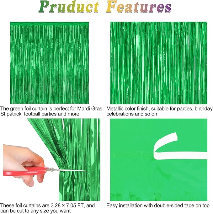 4 Pack Green Streamers, 3.28 FT x 7.05 FT Birthday Tinsel Backdrop, Metallic Foil Fringe Curtains Photo Booth Backdrop, Green Jungle Theme Decorations Birthday Decor
