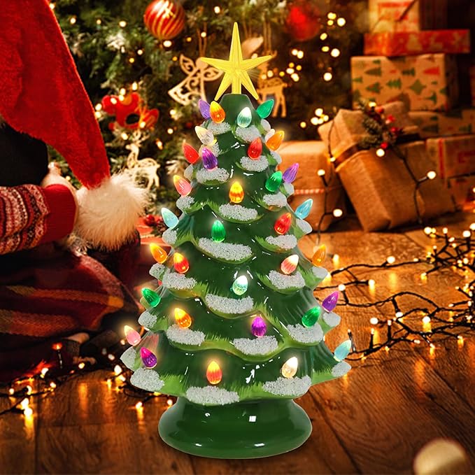 Small Ceramic Christmas Tree Hand-Painted Vintage Tabletop Green White Christmas Tree Holiday Decoration with Multi-Color Lights Xmas Trees 12 inch