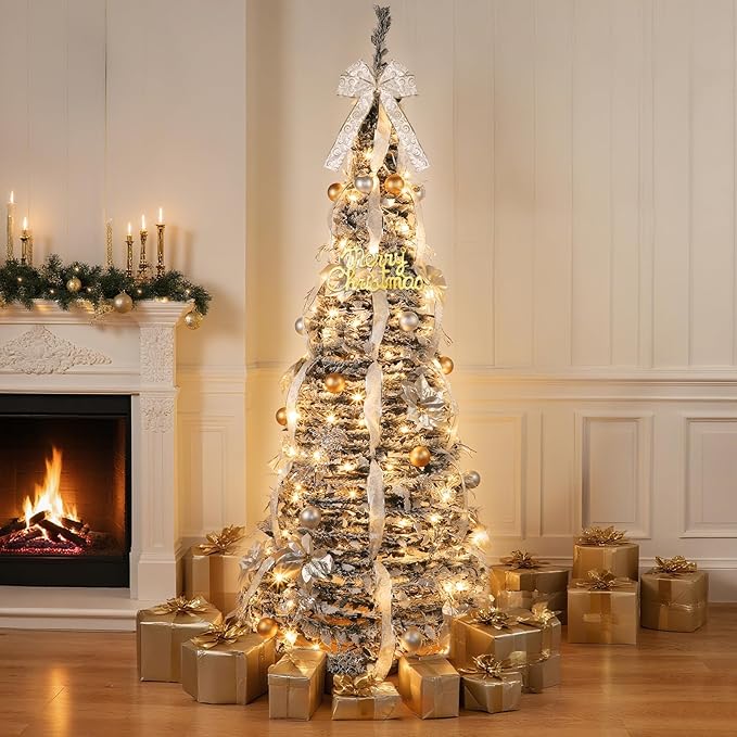 6 Ft Flocked Prelit Pop Up Christmas Tree with Timer & 8 Modes 200 Warm White Lights, Fully Pre-Decorated 80 Gold & Silver Ornaments Collapsible Pull up Xmas Tree with Lights for Indoor Home Decor