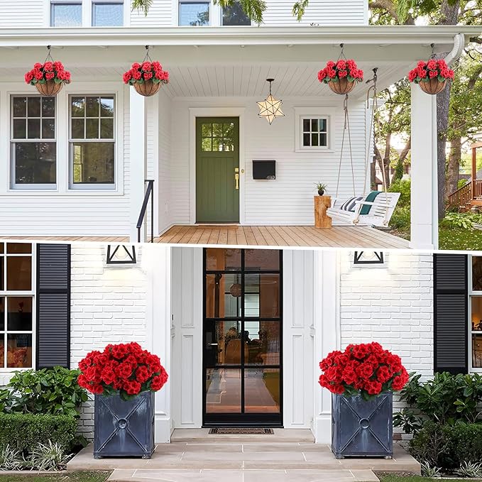 Hananona 2 Set Artificial Outdoor Geraniums Flowers with Hanging Basket, 2 Hanging Planters with 12 Pcs Red Geranium Flowers for Christmas Front Porch Garden Patio Home Decor (2, Red)