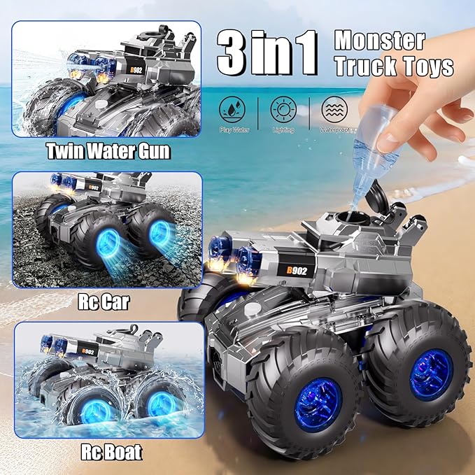 Amphibious Remote Control Car with Water Gun, Waterproof Monster Truck Toy 4WD All-Terrain RC Cars, Remote Control Boat Toys Gesture Sensing Rc Stunt Car, Birthday Gifts for Boys Age 8 9 10 11 12 Yrs