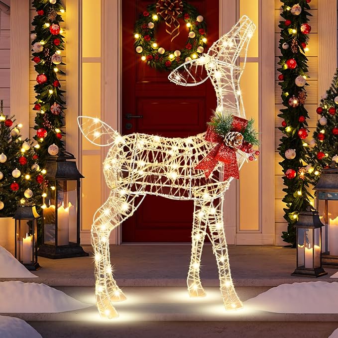Tangkula Lighted Christmas Reindeer, Outdoor Yard Xmas Decorations with 50 LED Lights, Artificial Christmas Décor with Stakes and Zip Ties, Indoor/Outdoor Festive Holiday Decoration