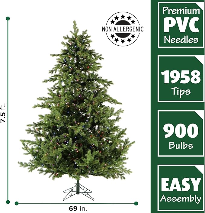 Fraser Hill Farm 7.5-ft. Woodside Pine Christmas Tree with Dual Multicolor & Warm White LED Lights, Fake Tree with Remote Control, Easy Set Up and Easy to Connect