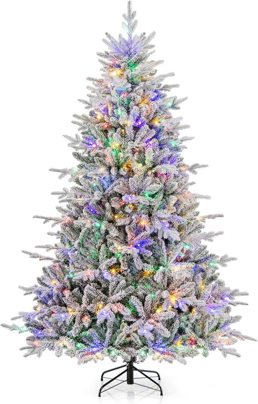 GOFLAME 7ft Pre-Lit Christmas Tree Snow Flocked, Hinged Artificial Xmas Tree with 1164 Branch Tips, 350 Multi-Color LED Lights, 8 Lighting Modes, Holiday Decoration Tree for Home Office Party