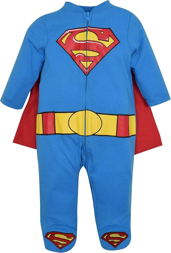 WARNER BROS. Justice League Batman Superman Lightweight Breathable Baby Zip Up Costume Coverall with Cape Newborn to Kid