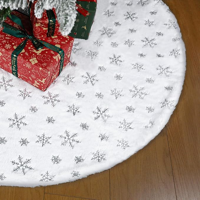 60 Inch Christmas Tree Skirt - Vonhen Large Snowy White Faur Fur Tree Skirt for Merry Christmas Party Christmas Tree Decorations White Plush Silver Sequin Snowflake