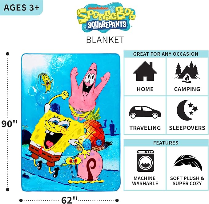 Franco Kids Bedding Super Soft Plush Micro Raschel Blanket, 62 in x 90 in, Spongebob Squarepants, Multicolour, Prints May Vary