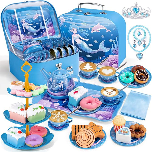 Tea Party Set for Little Girls, 49PCS Princess Tea Time Toys Including Teaset Dessert Carrying Case, Kids Pretend Play Kitchen Toys, Toddler Girl Birthday Gifts for 3-8 Year Old, Sea