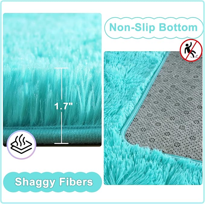 Ompaa Fluffy Runner Rugs, 2x6 Feet Teal Blue, Super Soft Shaggy Carpet Fuzzy Long Fur Rug for Bedroom Living Room Dorm, Plush Kids Playroom Baby Girls Nursery Decor Mats