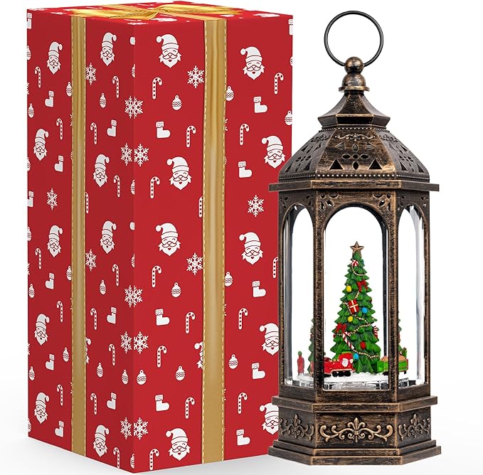 12.8'' Christmas Snow Globe, Santa Train Will Rotate Around The Christmas Tree with Musics Swirling Glitter Water Lantern Decoration for Home, Battery Operated or USB Powered