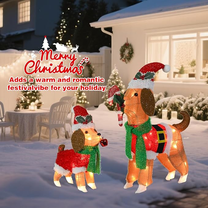 VCUTEKA 2FT Lighted Outdoor Christmas Beagle Decoration, Adorable Dog Set with LED Lights, Glittered Holiday Display for Lawn, Garden, Yard or Home Christmas Décor