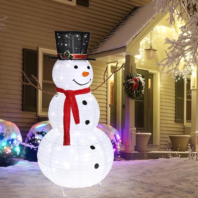 Snowman Outdoor Christmas Decorations with 120 LED Lights, 4ft Lighted Snowman with Metal Stand, Holiday Ornaments Xmas Decor for Home Porch Patio Yard Party (White, 23.62“ x 23.62” x 47.24“)