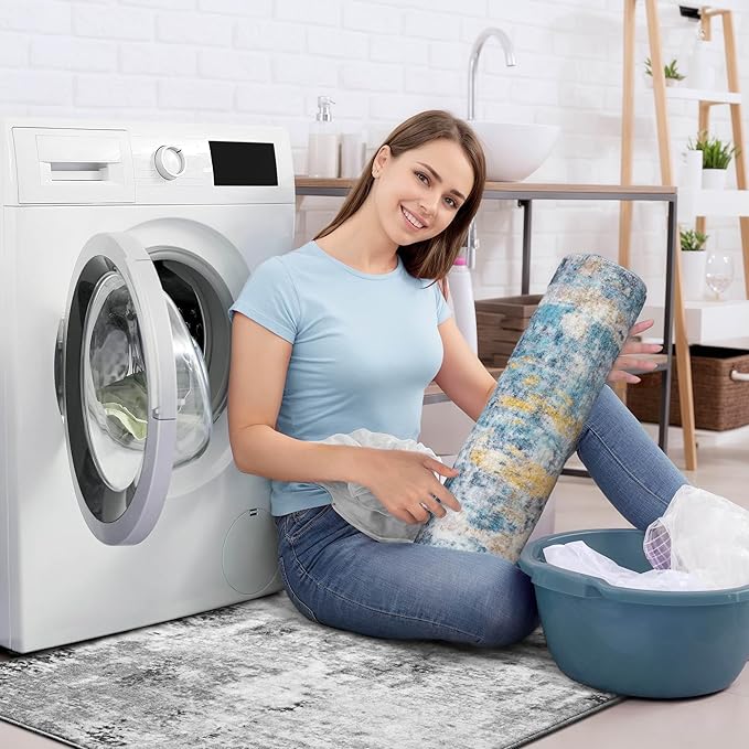 Ompaa Living Room Rug 5x7 Blue Area Rug Machine Washable Boho Rug Non Slip Abstract Vintage Indoor Large Rugs for Bedroom, Classroom, College Dorm, Farmhouse, Dining Room, Kids Playroom