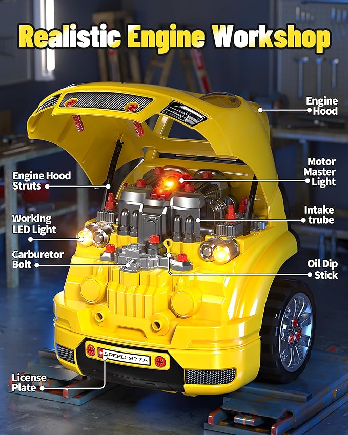 Deejoy Large Truck Builder Kit for Toddlers 3-5, Kids Mechanic Workshop Set with Light and Sound, Removable Engine, Yellow, 15.3x18.7inch