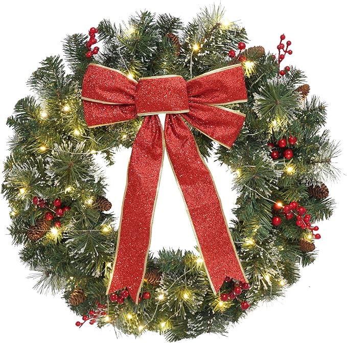 Christmas Wreath Front Door Wreath - 24 Inch Pre-Lit Outdoor Wreaths for Front Door Battery Operated 55 White Lights Bulbs Christmas Decoration Wall Wreath Outside DiliComing