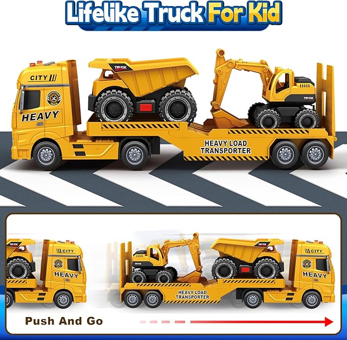 Toddler Boy Toys for 3 4 5 6 7 Years Kids, 25" Semi Construction Carrier Truck Toy with Excavator and Dump Truck, Friction Powered Toys with Lights and Sounds, Birthday for Boy Girls