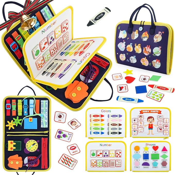 Busy Board Montessori Toys for 1 2 3 4 Year Old Boy & Girl Birthday Gifts, Busy Book for Toddlers 1-3, Sensory Educational Travel Toys, Preschool Activities for Learning Fine Motor Skills