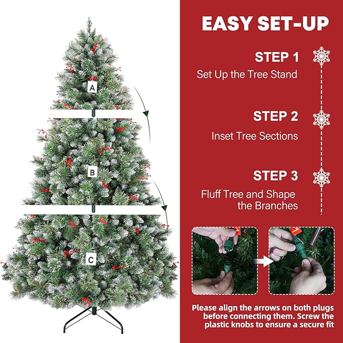 Hykolity 6 ft Prelit Snow Flocked Christmas Tree, Partially Frosted Xmas Pine Tree with Red Berries, 250 Warm White Lights, 956 PVC Branch Tips, Metal Stand and Hinged Branches