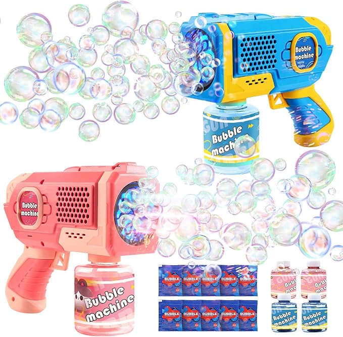 EagleStone 2 Pack Bubble Gun Machine for Kids, Automatic Light Up Bubble Blower with 4 Bottles 10 Bags Refill Solution, Bubble Guns Blaster for Toddlers, Outdoor Toys Gifts, Wedding Easter Party Favor