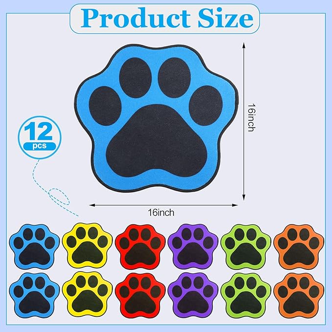12 Pcs Dog Paw Kids Carpet Seats 16 Inch Colorful Floor Mat Floor Cushions for Kids Classroom Non Slip Carpet Seats for School Classroom Group Activity Marker Playroom Home Learning Area