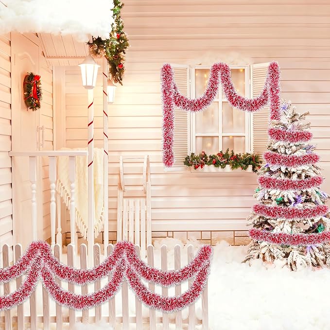 50Ft Christmas Red Tinsel Garland Xmas Tree Decorations Metallic Glitter Twist Garland for Christmas Decorations Anniversary Birthday Wedding Holiday Supplies Indoor Outdoor Supplies