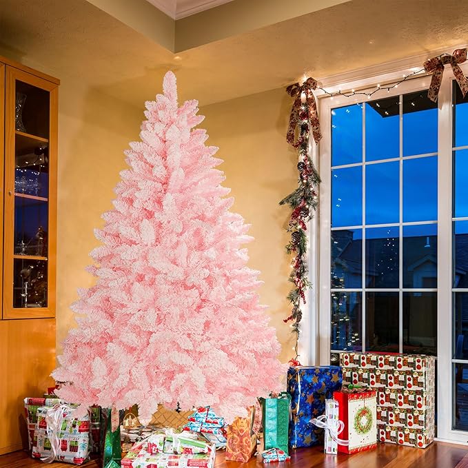 6ft Premium Hinged Artificial Holiday Christmas Tree for Home, Office, Party Decoration Snow Flocked Xmas Pine with 1,000 Branch Tips, Easy Assembly, Metal Hinges & Base (Pink)