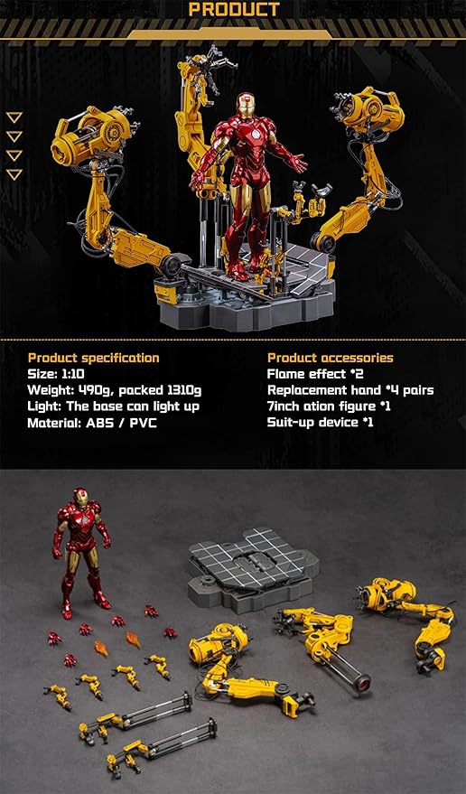 MK4Ironman(1/10 Scale) Suit up Gantry with Lots of Accessories,7 inch Exquisite Painting Collectible Action Figure,Light with Platform