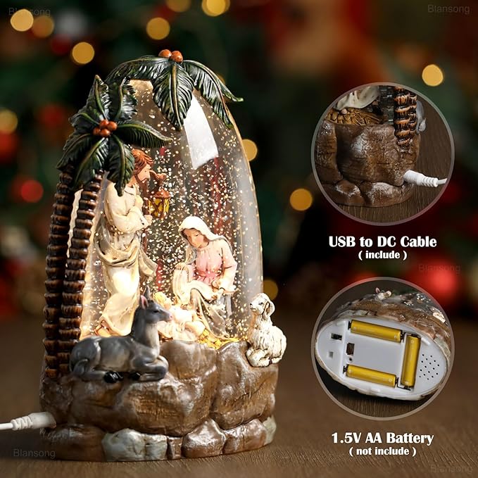 Nativity Snow Globe Christmas Decorations for Home Nativity Scene with Timer Music Sheep Donkey 8.8 inch