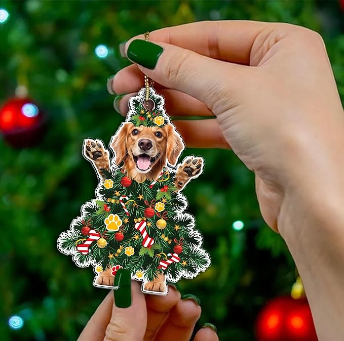 2025 Golden Retriever Dog Christmas Ornament - Adorable Dog Dressed as a Christmas Tree - Fun and Festive Acrylic Decoration (Golden Retriever Xmas Tree)