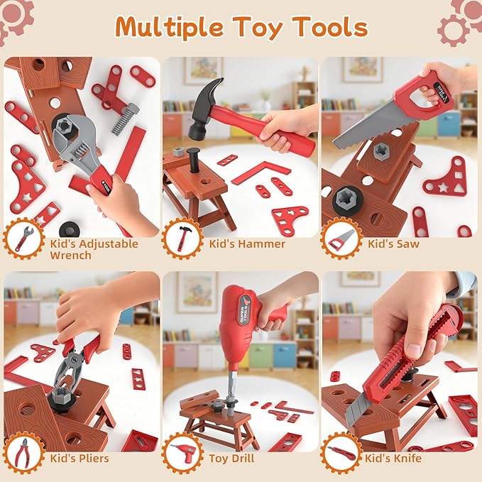 58-Piece Kids Tool Set with Realistic Power Toy Drill & Tool Box & DIY Stickers, Kids Construction Kits, STEM Pretend Play Boy Toys, for Toddlers Boy Ages 3-8