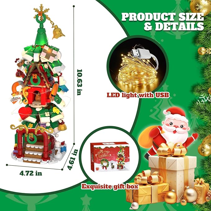 Advent Calendar 2025 Christmas Tree House Building Set with Wreath and Reindeer,ChristmasTree Building Blocks Kit with LED Light,24 Days Christmas Countdown Toys Building Set for Teen Boys Girls Gifts