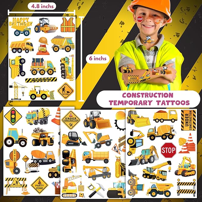 Cars and Trucks Temporary Tattoo for Kids - 50PCS Cars Construction Tractor Tattoos Party Birthday Decorations Excavator Construction Vehicle Tattoo Body Sticker for Kids Boys Girls Party Bag Filler