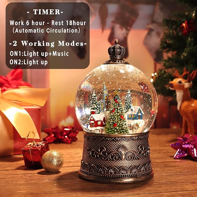 100mm Christmas Snow Globe with Music and Water Feature Christmas Lantern Decorations Snow Village with Large Christmas Tree Dual Power Supply Mode: USB and Battery Powered