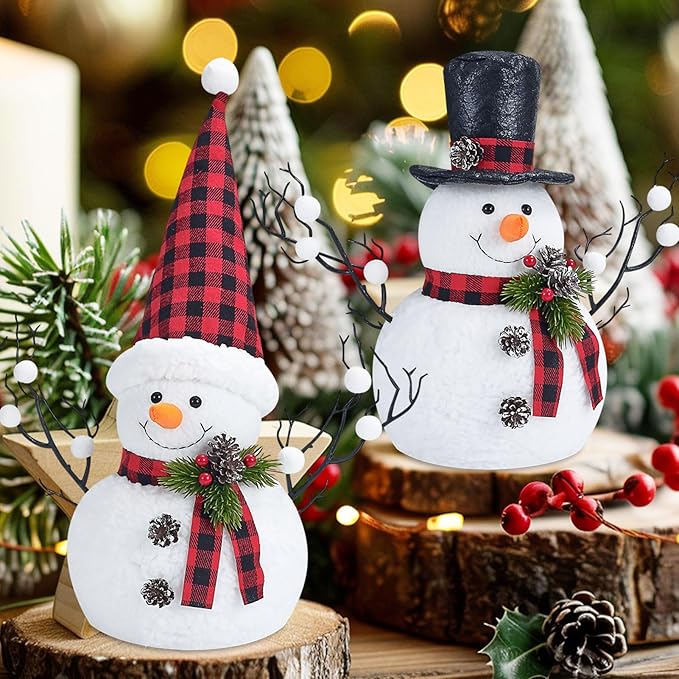 2 Pack Christmas Table Decorations, 14" Lighted Plush Snowmen Christmas Trees with Pine Cone Twigs, Light Up Snowman Holiday Present, Battery Operated Xmas Gifts Tabletop Ornaments (Black and Red)